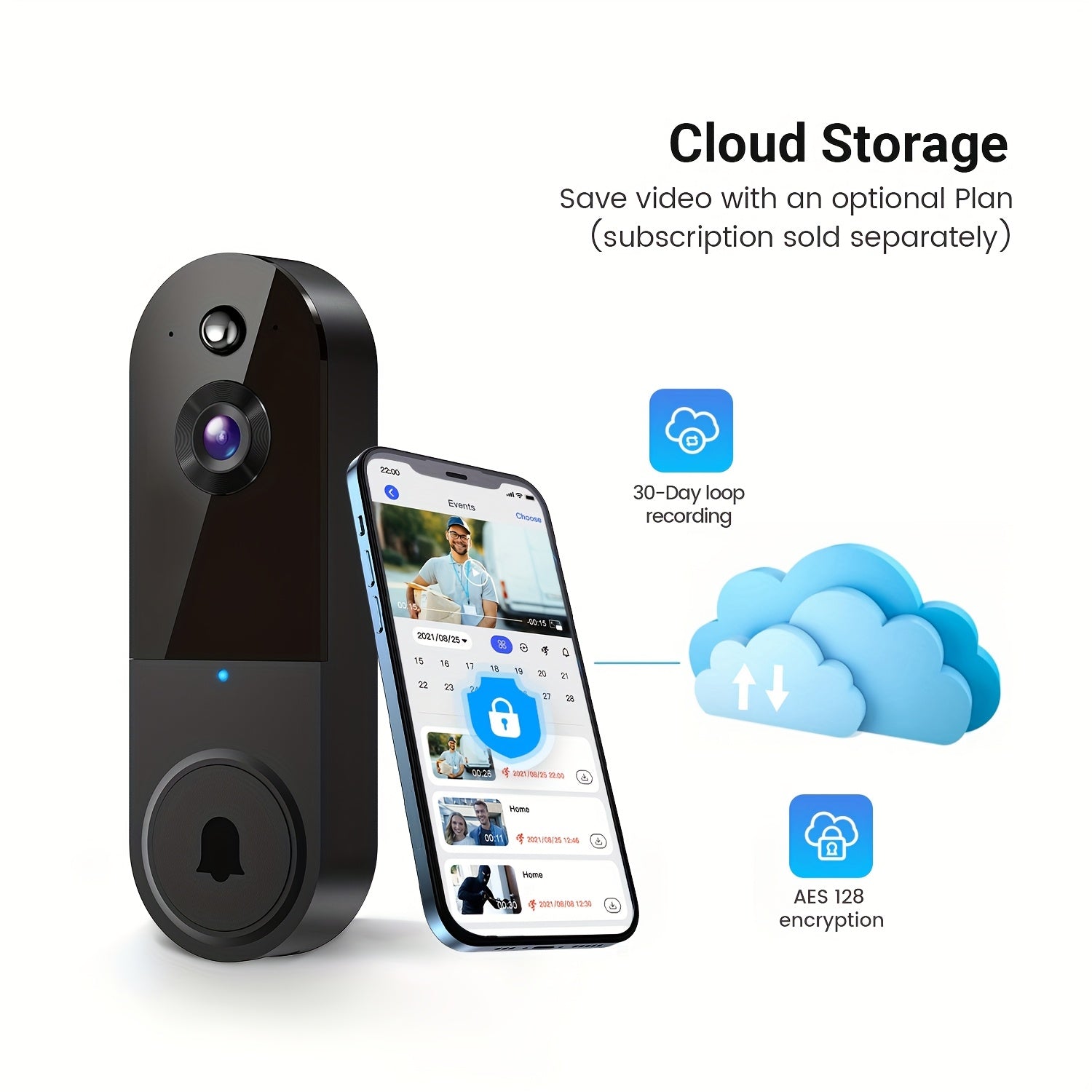1080P Video Doorbell Camera, Intelligent Body Detection, Cloud Storage, Real-time View, Two-way Audio, Infrared Night Vision, Battery Powered, Monitoring