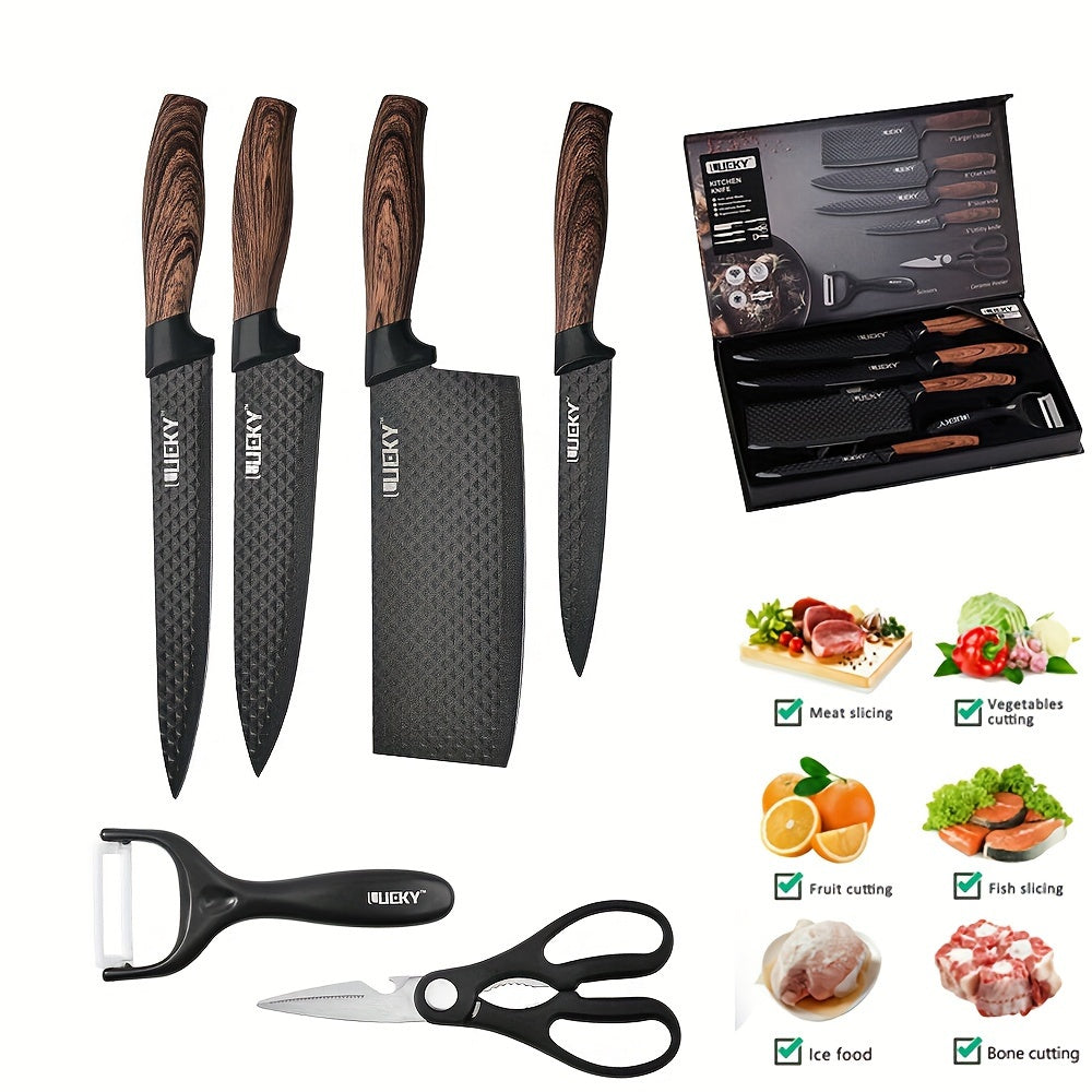Professional 6/7 Kitchen Knife Set, Chef's Knife, Slicing Knife, Scraper And Scissors, High Carbon Stainless Steel Super Sharp, with Anti-stick Ergonomic Wooden Handle, Chef's Knife Set, Suitable for Family Travel, Gift Box S