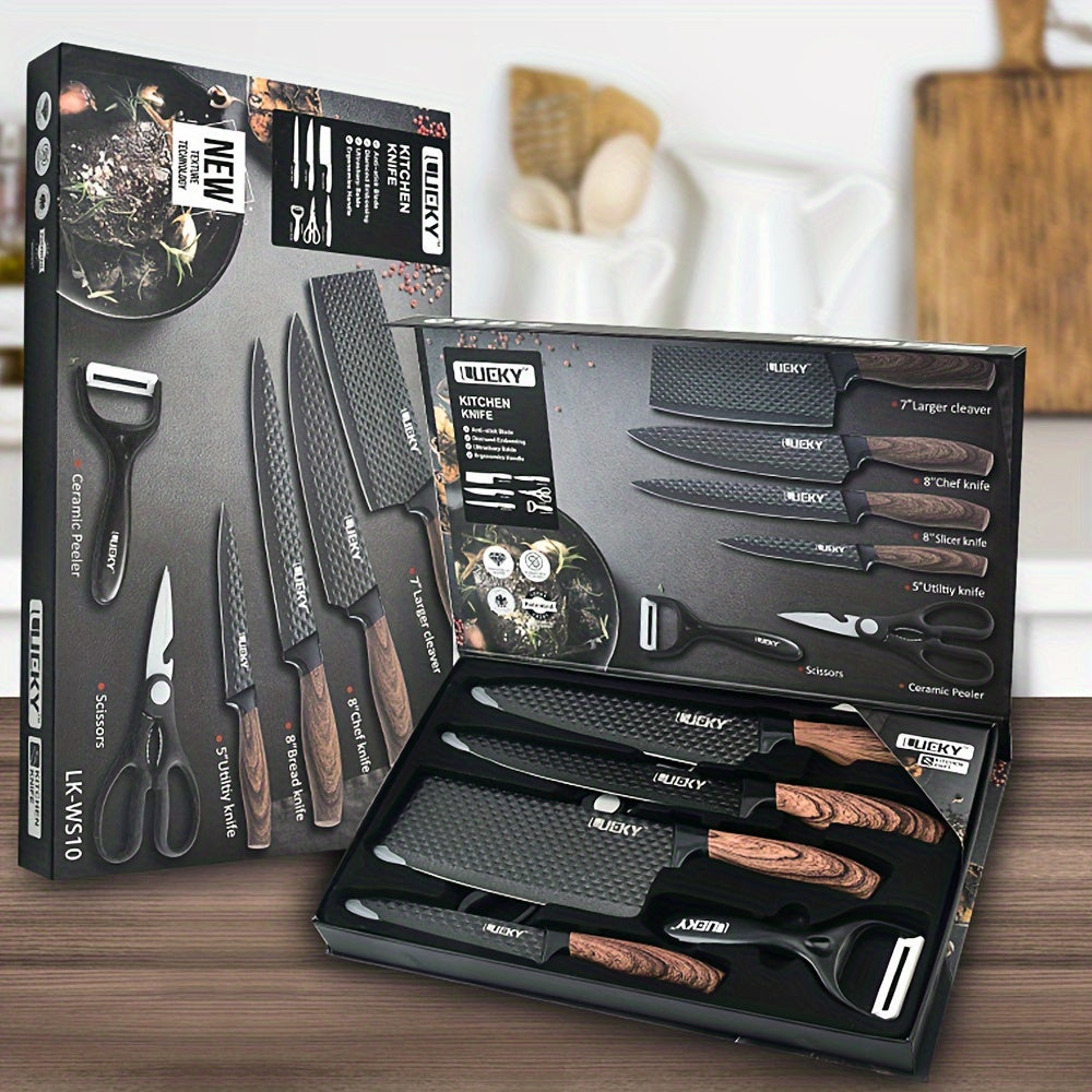Professional 6/7 Kitchen Knife Set, Chef's Knife, Slicing Knife, Scraper And Scissors, High Carbon Stainless Steel Super Sharp, with Anti-stick Ergonomic Wooden Handle, Chef's Knife Set, Suitable for Family Travel, Gift Box S