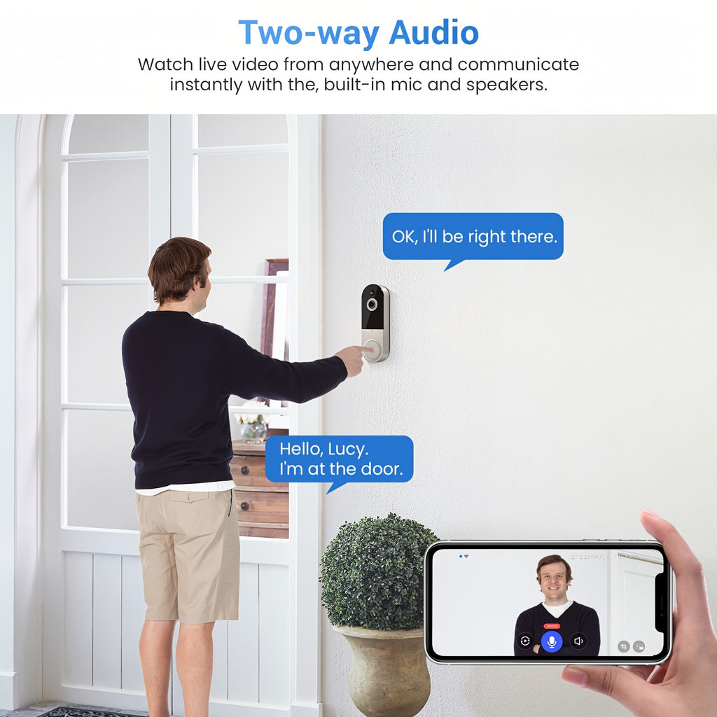 1080P Video Doorbell Camera, Intelligent Body Detection, Cloud Storage, Real-time View, Two-way Audio, Infrared Night Vision, Battery Powered, Monitoring