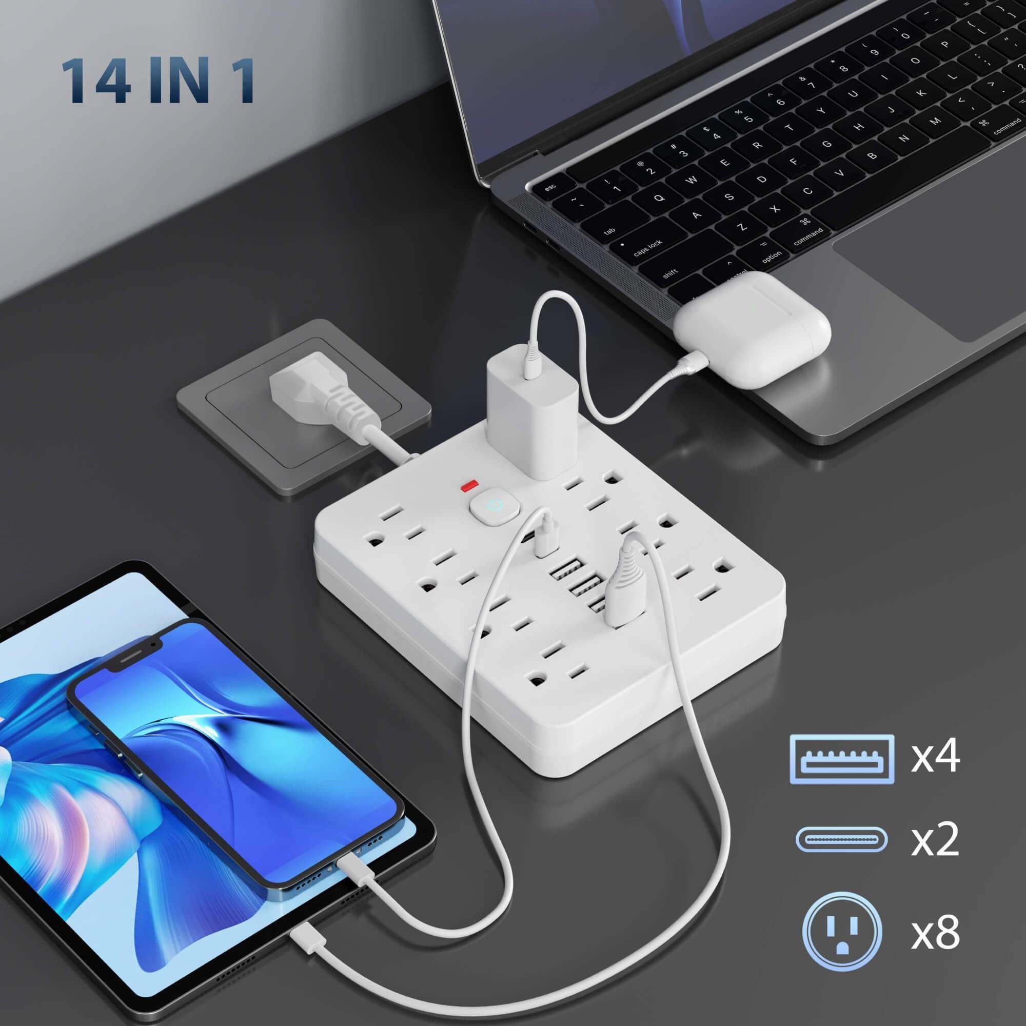 14-in-1 Heavy-Duty Power Strip Surge Protector with 8 AC Outlets, 4 USB-A & 2 USB-C Ports, Smart Switches (On/Off) & Indicator, Compact Flat Plug Extension Cord for Home, Office, Kitchen - Overload, Plug