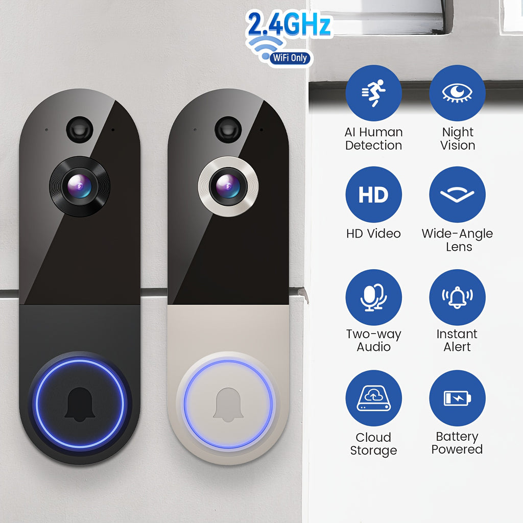 1080P Video Doorbell Camera, Intelligent Body Detection, Cloud Storage, Real-time View, Two-way Audio, Infrared Night Vision, Battery Powered, Monitoring