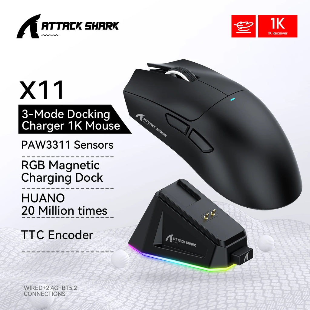 Attack Shark X11 Bluetooth Wireless Mouse Three Mode 2.4G PAW3311  RGB  PC Magnetic charging dock ,Gaming E-sports Mouse