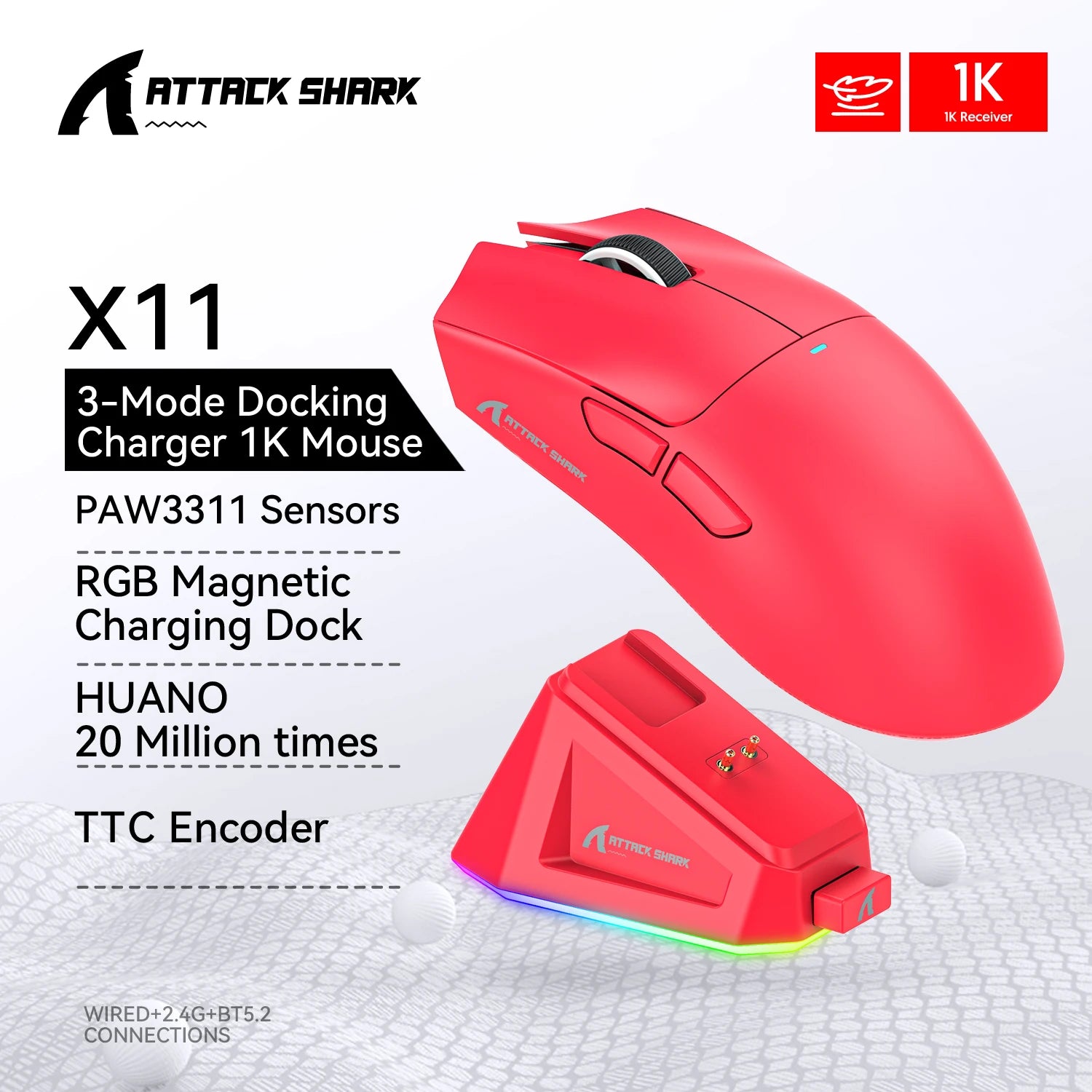 Attack Shark X11 Bluetooth Wireless Mouse Three Mode 2.4G PAW3311  RGB  PC Magnetic charging dock ,Gaming E-sports Mouse