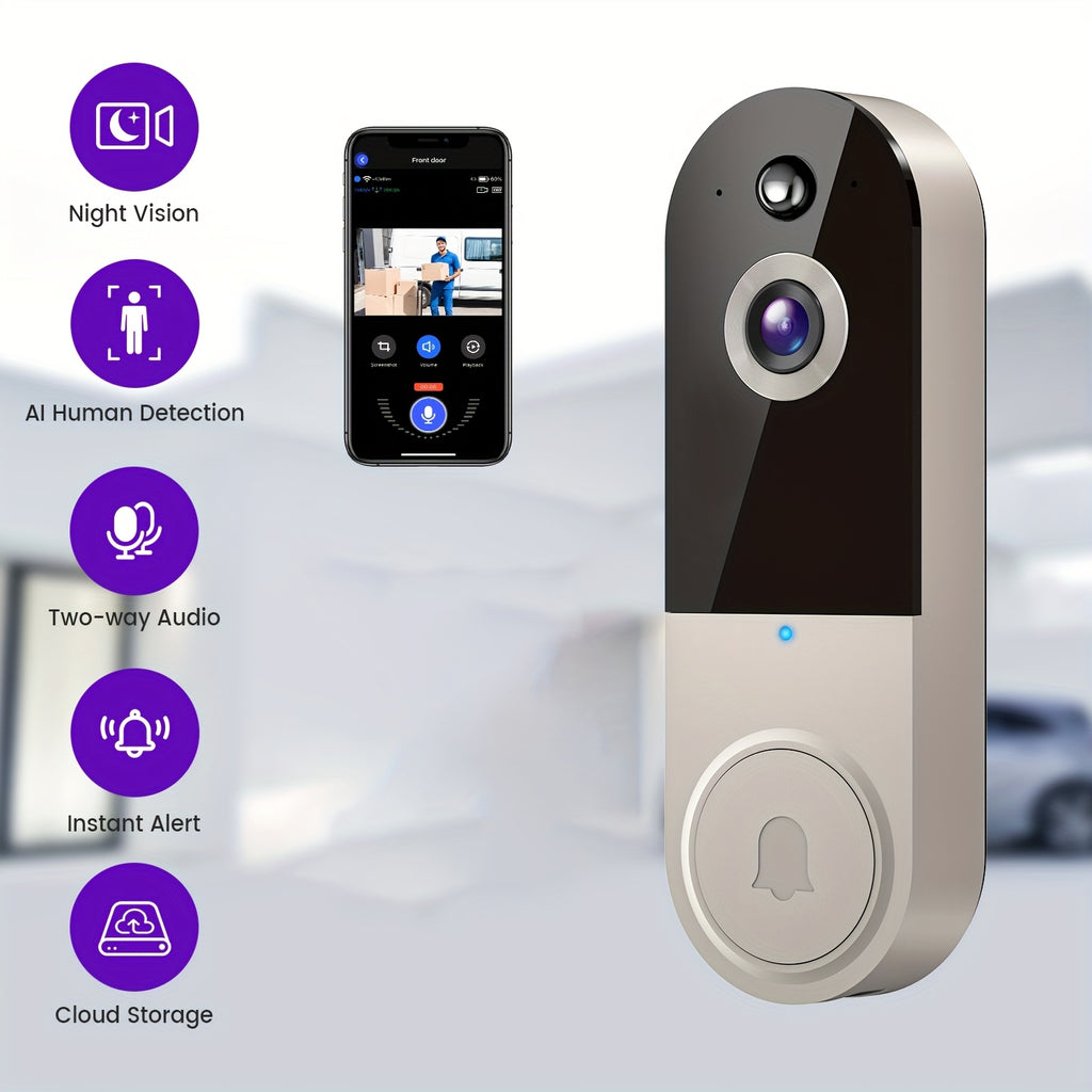 1080P Video Doorbell Camera, Intelligent Body Detection, Cloud Storage, Real-time View, Two-way Audio, Infrared Night Vision, Battery Powered, Monitoring