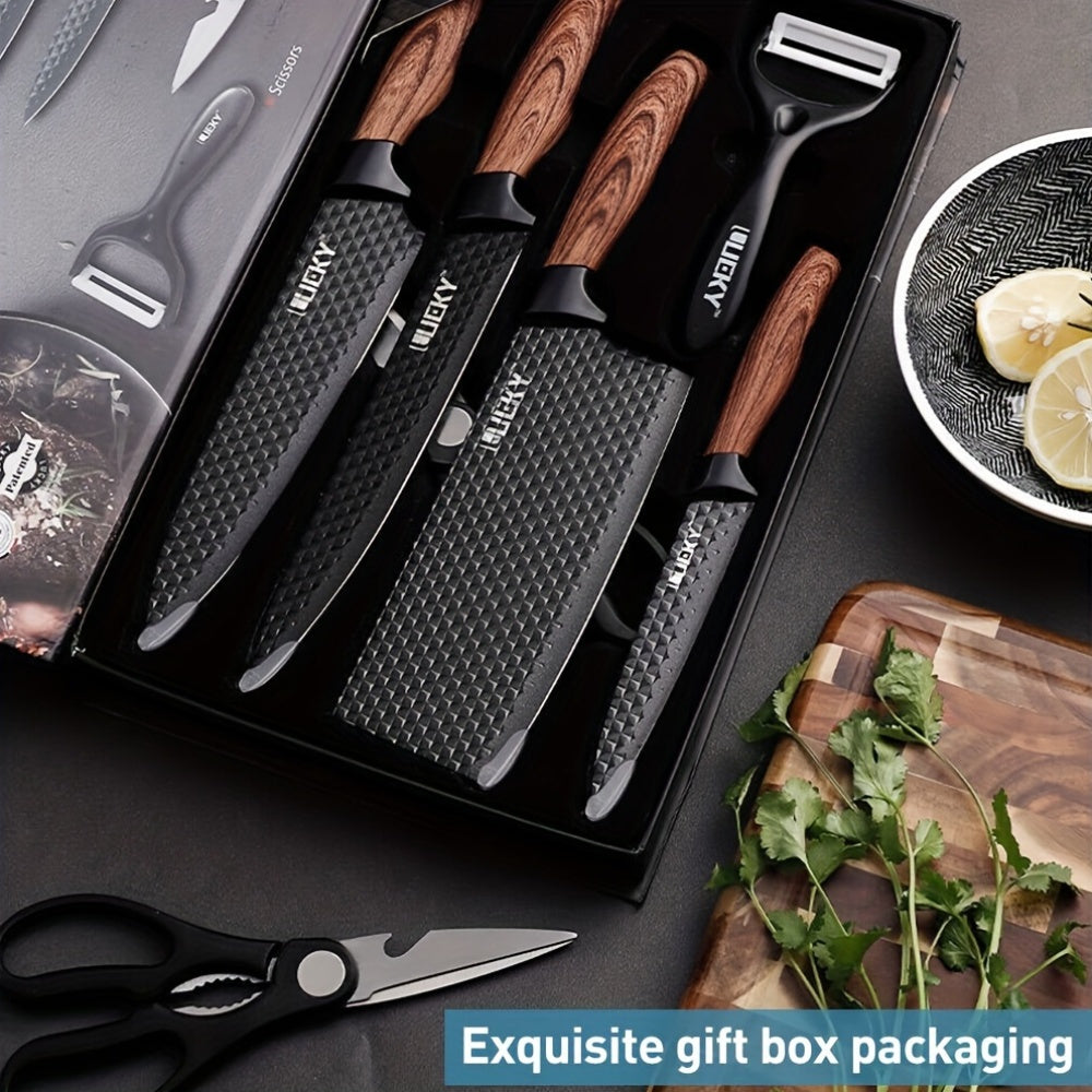 Professional 6/7 Kitchen Knife Set, Chef's Knife, Slicing Knife, Scraper And Scissors, High Carbon Stainless Steel Super Sharp, with Anti-stick Ergonomic Wooden Handle, Chef's Knife Set, Suitable for Family Travel, Gift Box S