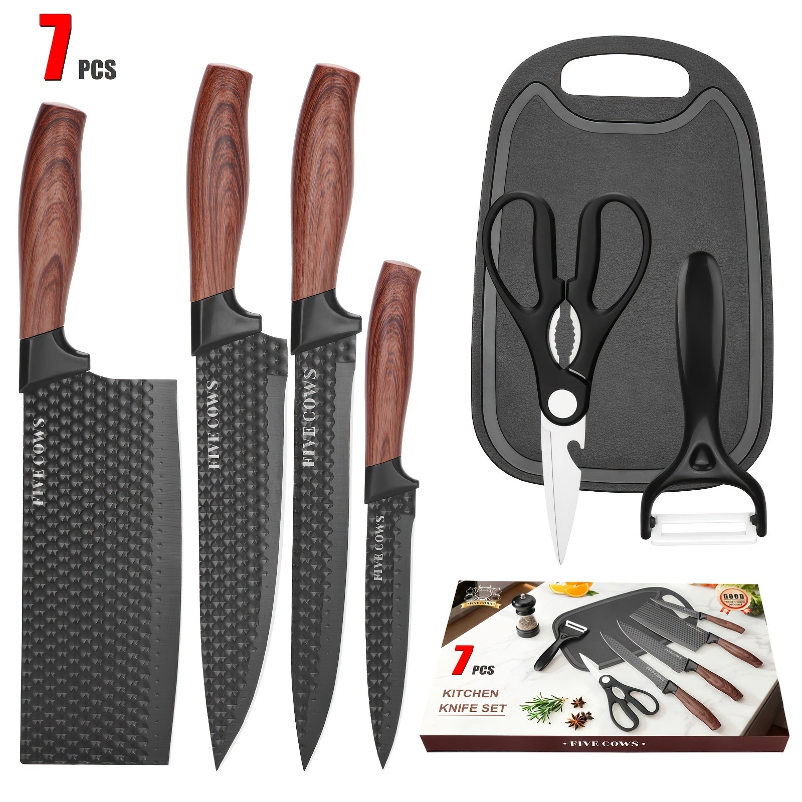Professional 6/7 Kitchen Knife Set, Chef's Knife, Slicing Knife, Scraper And Scissors, High Carbon Stainless Steel Super Sharp, with Anti-stick Ergonomic Wooden Handle, Chef's Knife Set, Suitable for Family Travel, Gift Box S